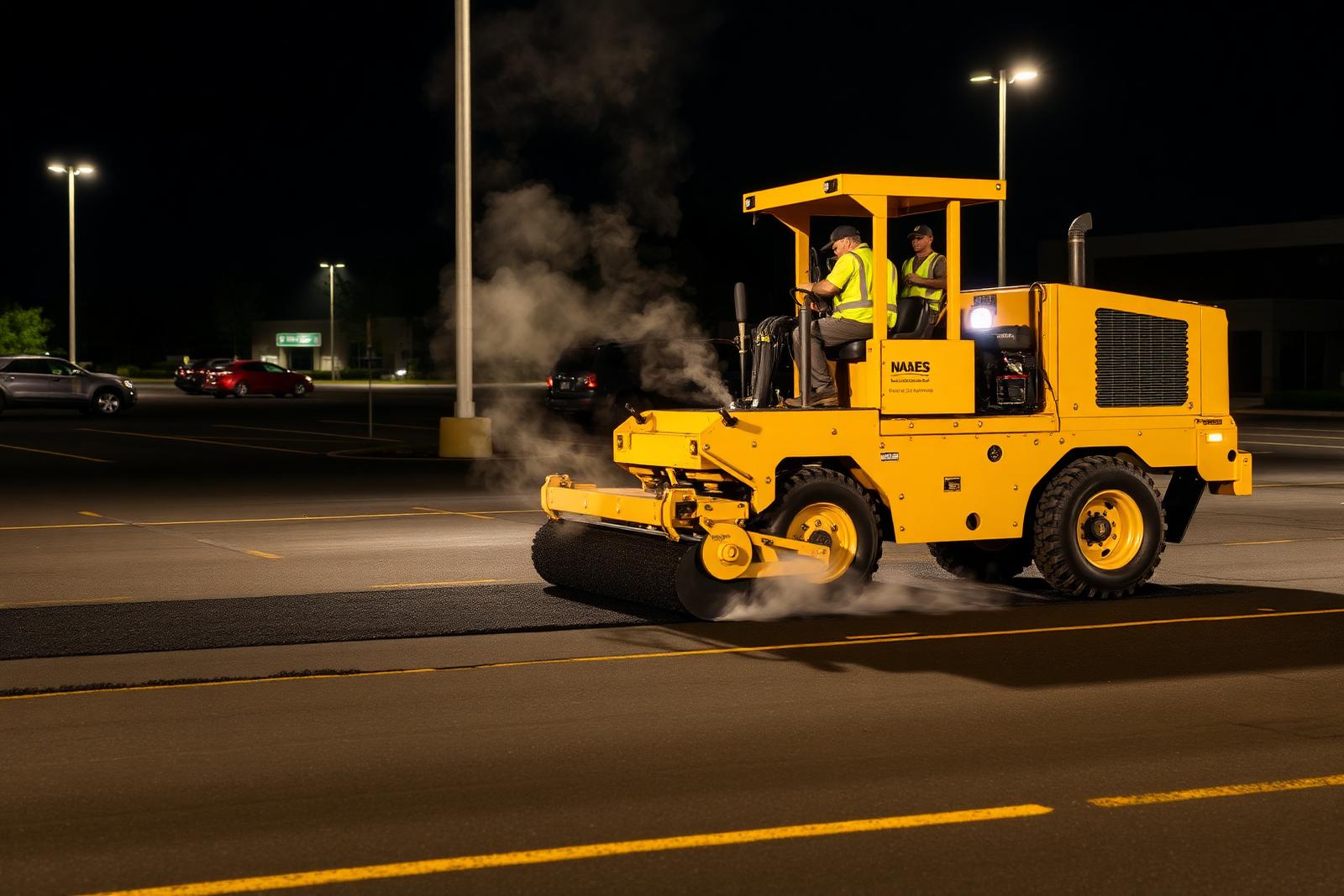 Asphalt paver working at night in Huntsville
